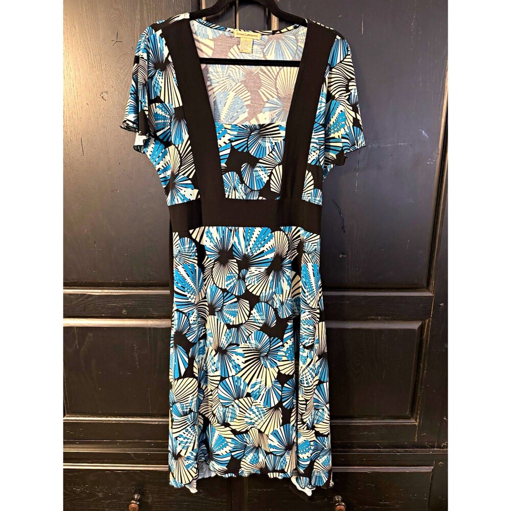 Susan Lawrence Women's L Blue/Black/White Floral A-Line V-Neck Pullover Dress
